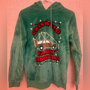 Griswold family Christmas green velour sweatshirt with hood.